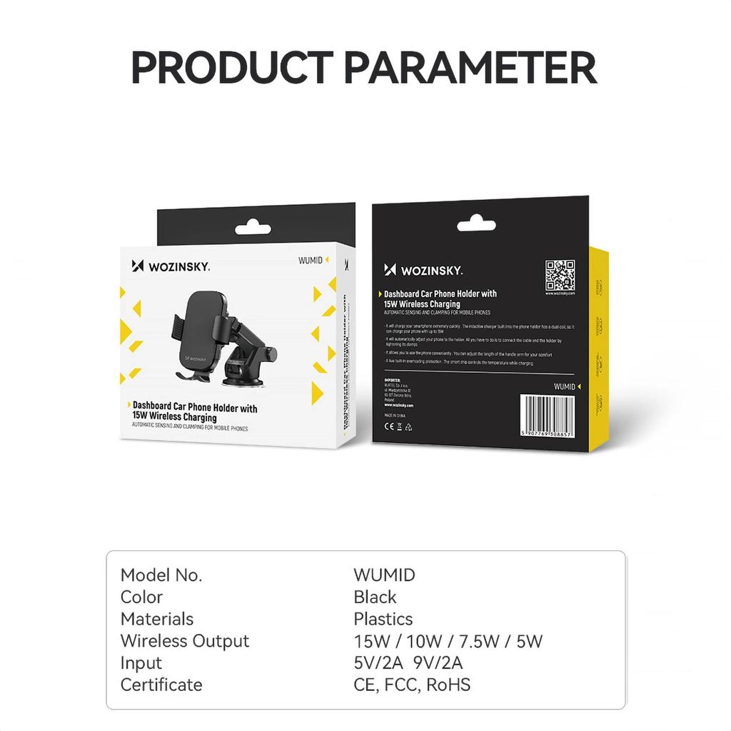 Wozinsky Wumid Phone Holder With 15W Inductive Charger For Car Dashboard - Black