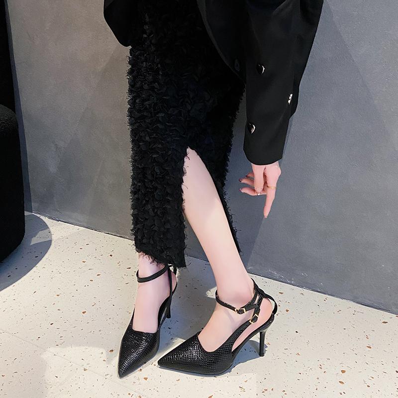 Модные сандалии Baotou с леопардовым принтом с мелким вырезом, летние новые, с острым носком, на одном ремешке, противоскользящие, износостойкие, на высоком каблуке