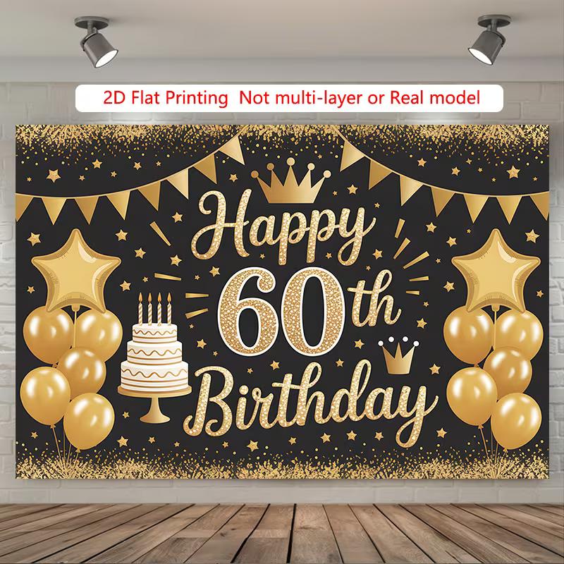 2D Elegant Black Gold Themed 60th Birthday Party Banner with Balloons