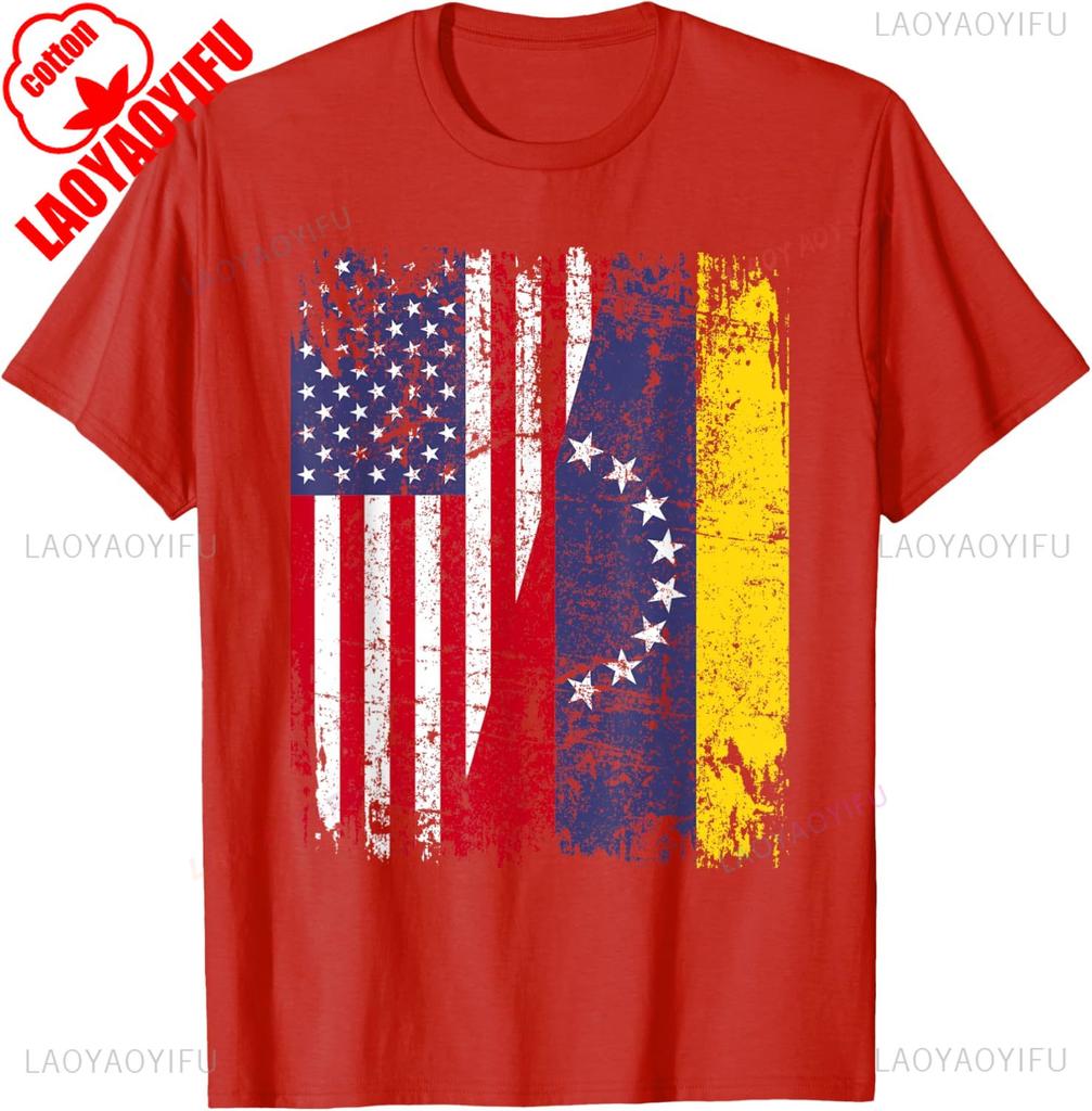 Venezuelan Roots Half American Flag Cotton TShirt Summer Casual Patriotic Gift Lightweight Breathable Trendy for Unisex WOMEN