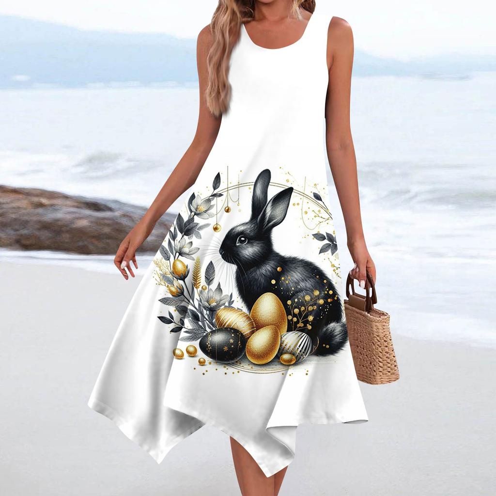 Women's Casual Fashion Round Neck Sleeveless Print Irregular Hem Midi Dress