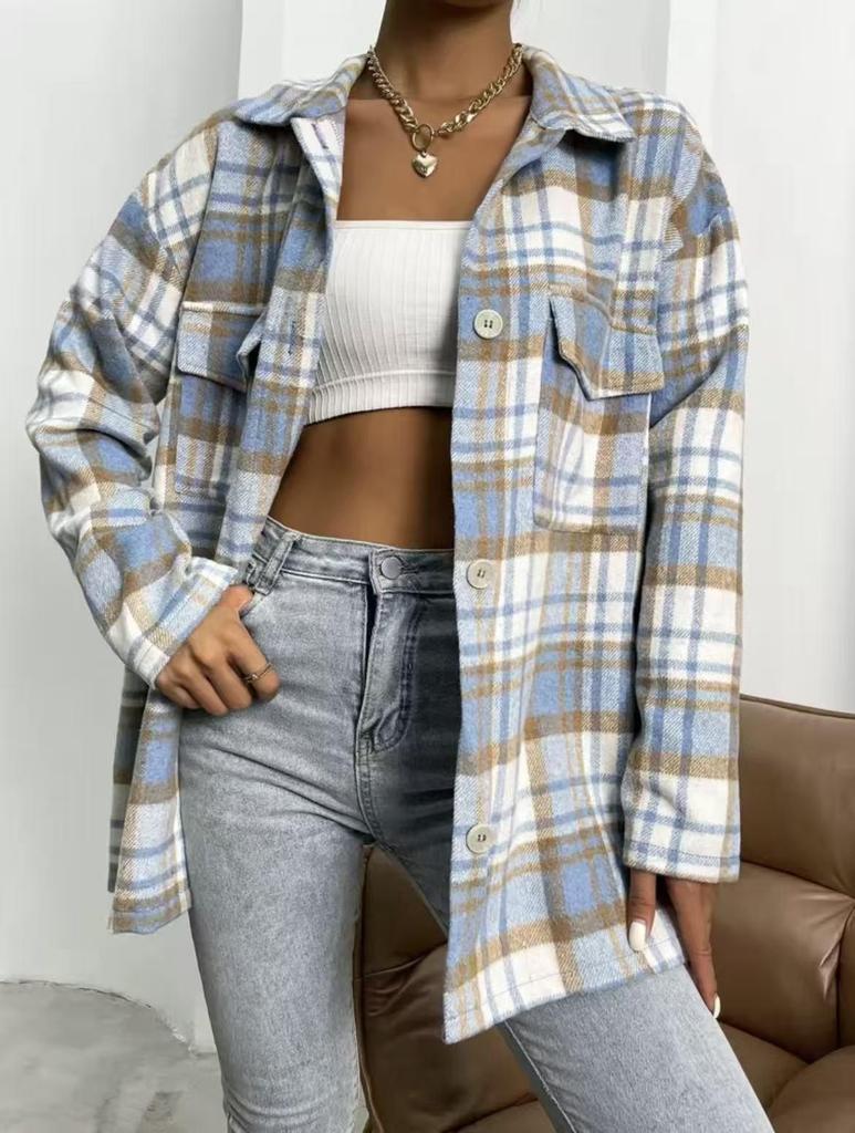 European American Women's Flannel Plaid Casual Loose Shirt Jacket