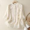 Summer Solid Cotton Linen Shirt For Ladies Women'S Five Point Sleeve Embroidery Loose Literary Vintage Woman Clothing
