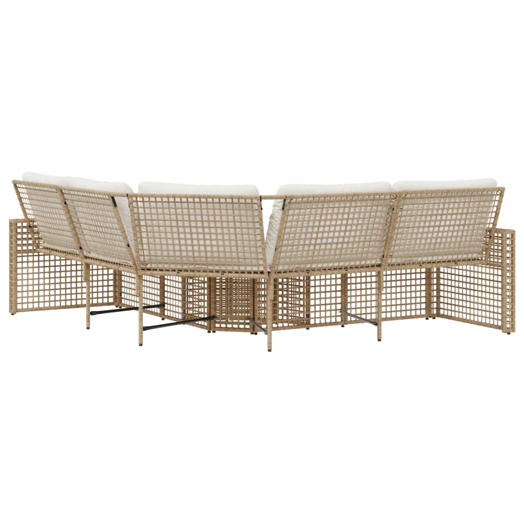 L shaped Garden Sofa with Cushions and Footstool Beige Poly Rattan