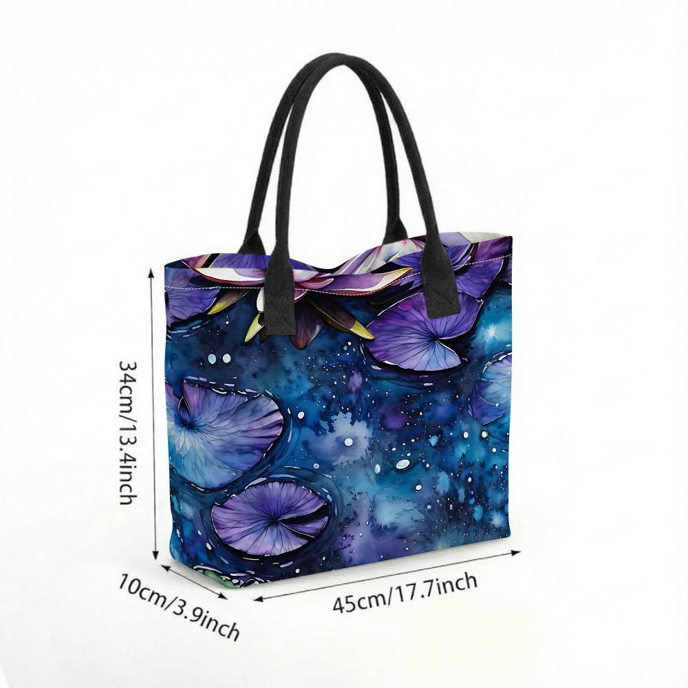 Purple Lotus Printed Tote Bag Casual Large Capacity Women Daily Shoulder Handbag