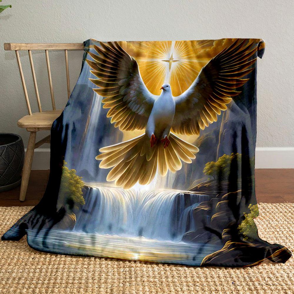 A radiant dove with spread wings illuminated by golden light over waterfalls. for all seasons blanket lunch break throw gift