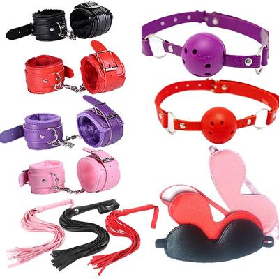 Пушистый кожаный БДСМ-набор: Плетка, Наручники, Кляп, Маска для глаз для пар
