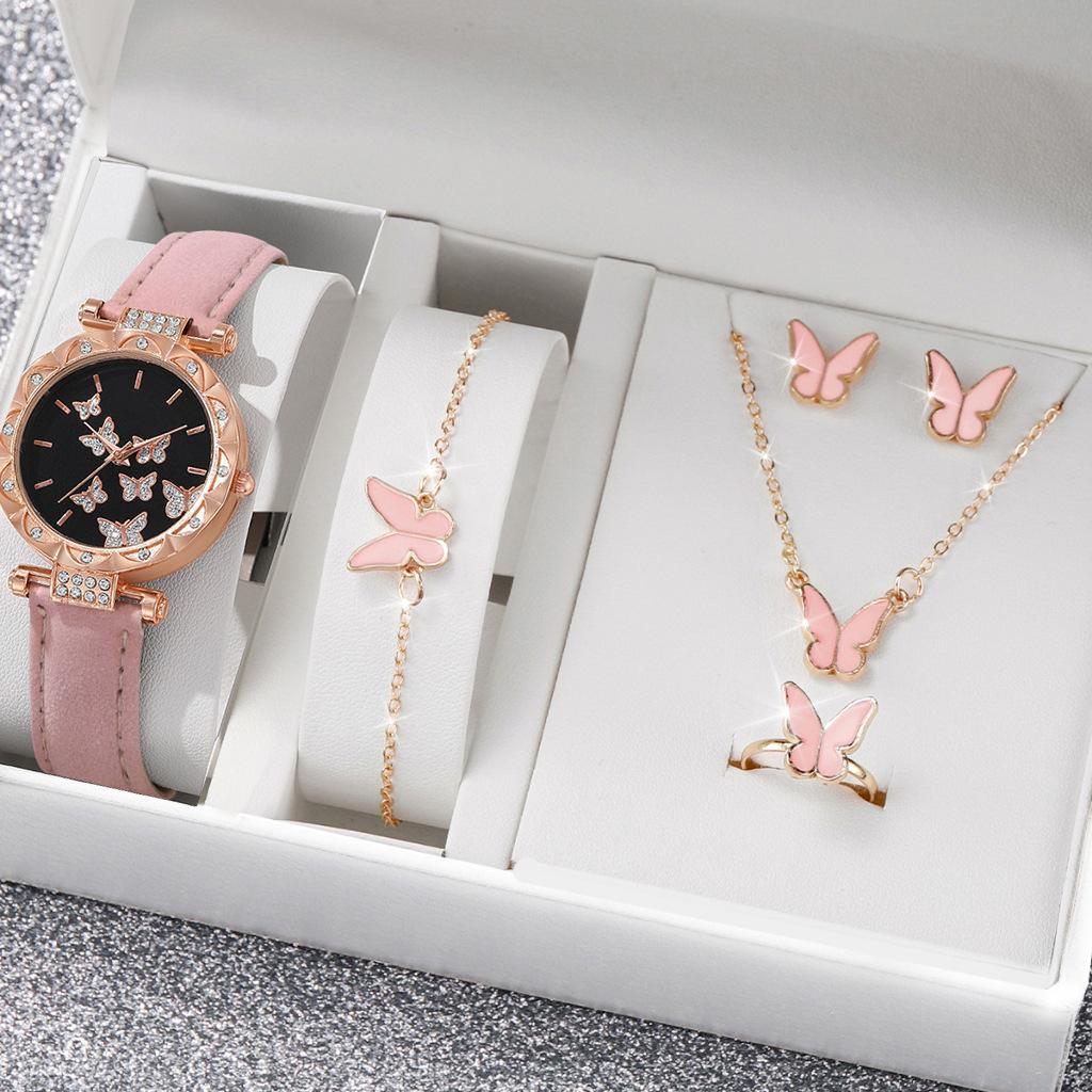 Gift Sets New Fashion Leather Strap Quartz Women's Watch Multi Butterfly Watch Set All-match Watch Set