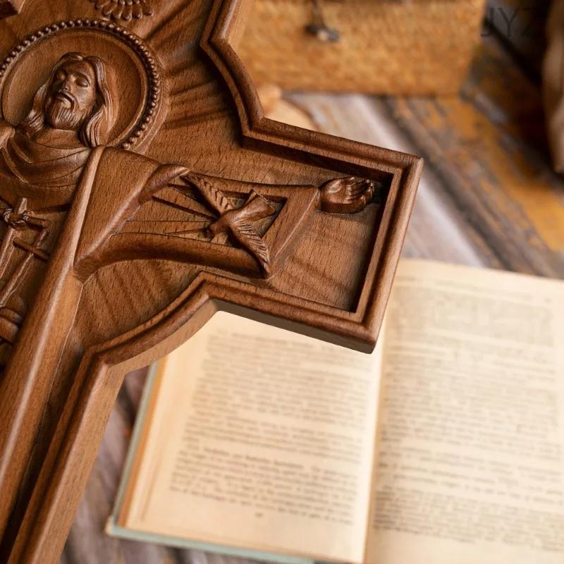 Christian Wooden Easter Catholic Cross Jesus Statue, Interior Religious Wall Decoration Baptismal Gift