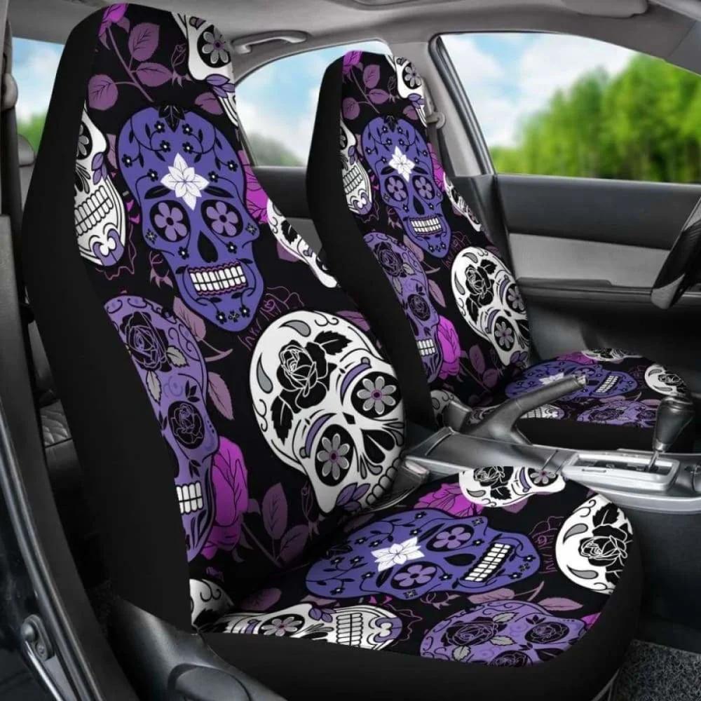 Sugar Skulls Purple Car Seat Covers Pack Of 2 Universal Front Seat Protective Cover Four Seasons Seat Cushion Cover Halloween