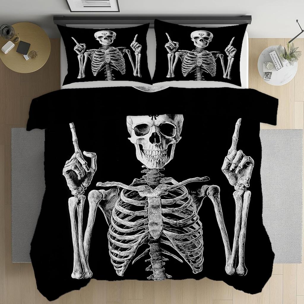 Gothic Style Skull Duvet Cover Set,Skeleton Bedding Set, Microfiber Duvet Cover Set with Zipper Closure for Teens and Adults