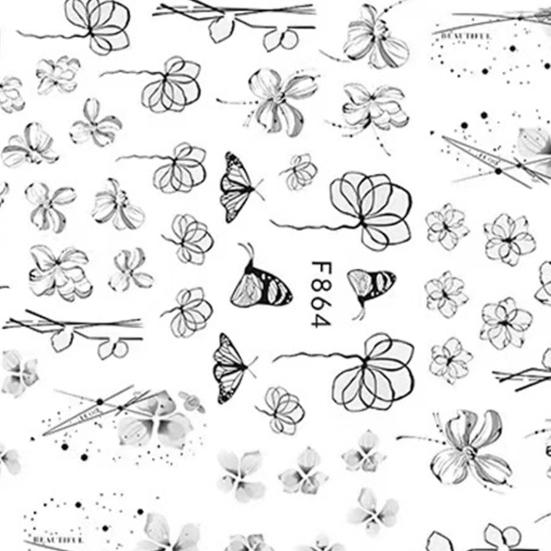 Наклейка для ногтей с цветком, различные узоры, самоклеящаяся черная белая бабочка, переводная наклейка для ногтей на лето