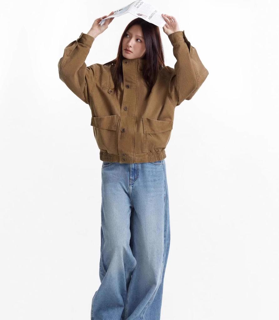 Унисекс Ретро Потертая Холщовая Куртка-Сарай - Прямой Крой, Стойка Воротник, Модный Стиль