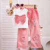 Children's Fashion Suit Summer Girls' Sleeveless Applique Bow Top Ripped Denim Trousers Two-piece Suit