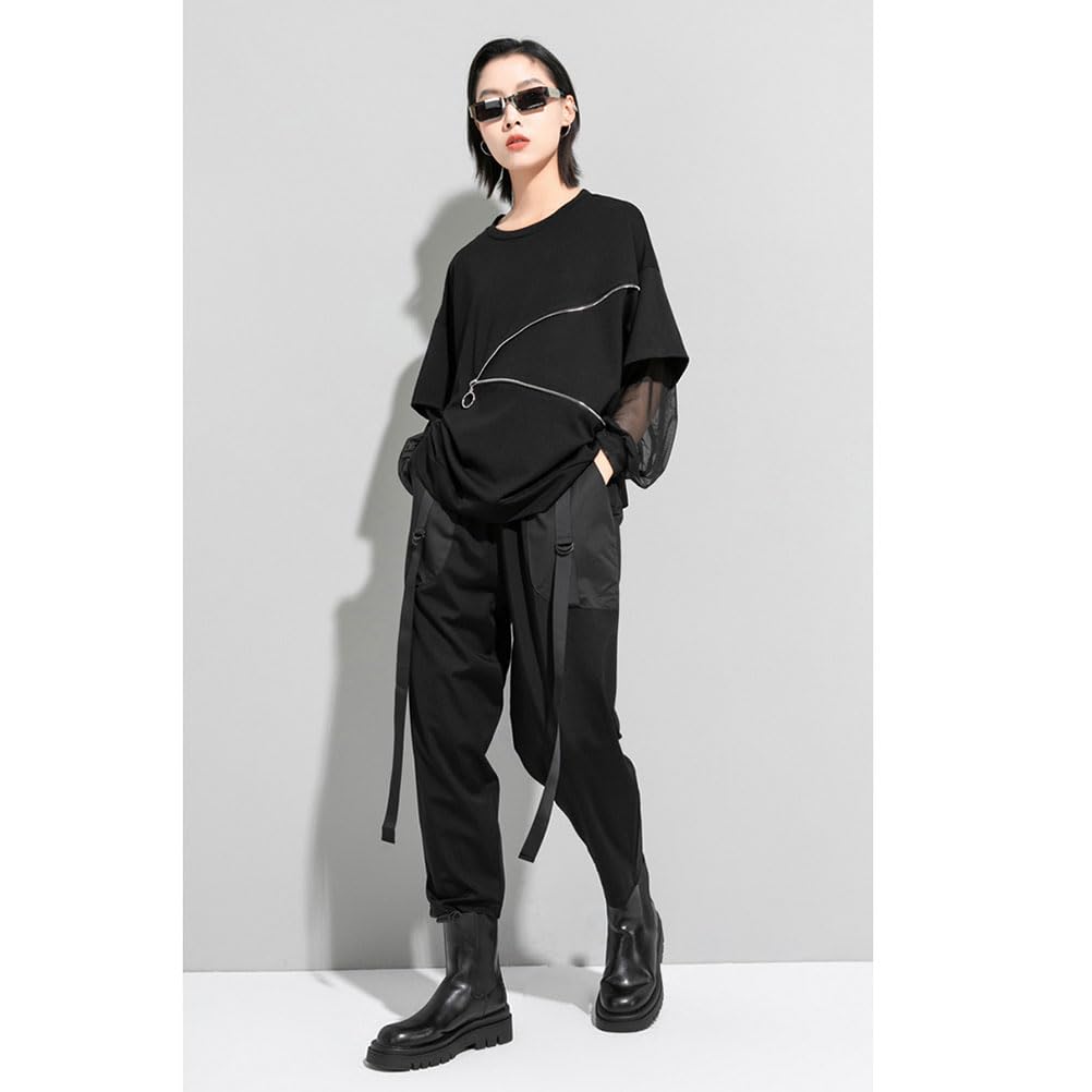 Morino Loose Fit with Tulle Striped Stylish Unique Long Women's T-Shirt Sleeves, Pattern, Streetwear, Style, Black, Spring/Summer (Black - Sleeve)