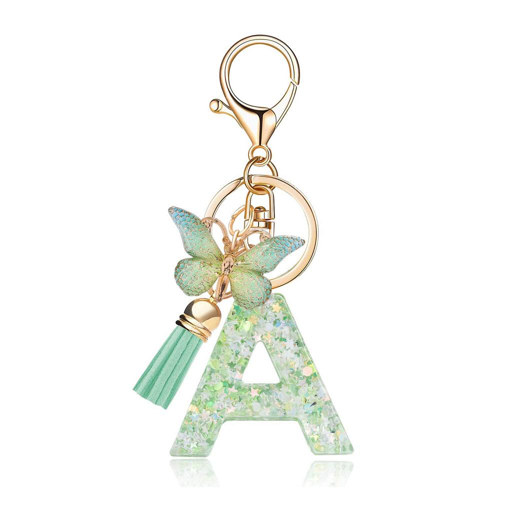A-Z Dreamy Letters Keychain for Women Tassels Butterfly Pendant Initial Keyrings Purse Suspension Bags Car Key Chain Pink
