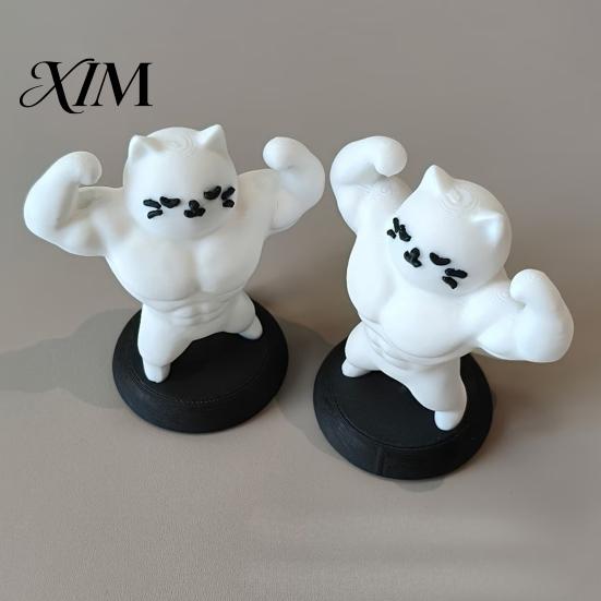 Office Desk Accessories 3D Printed Muscle Cat Figurine, Funny Strong Animal Ornament for Desktop Decoration Home Office, Creative Sculpture with Base,
