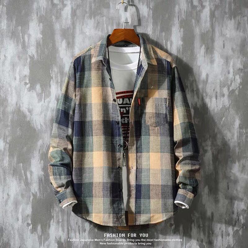 Men's Long-Sleeve Plaid Shirt - Autumn Hong Kong Style, Trendy Korean Slim Fit, Casual Jacket for Couples