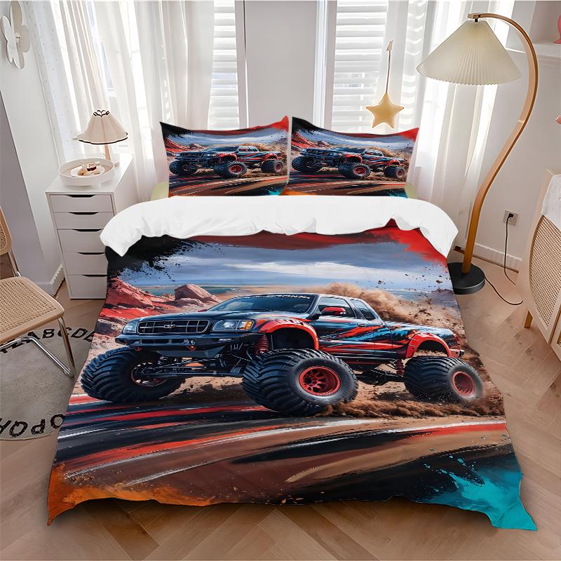 3Pcs Monster Truck Adventure Bedding Set Soft Fabric Duvet Cover Pillowcases Home Christmas Xmas Halloween Gift 1 Duvet Cover 2 Pillowcase G155