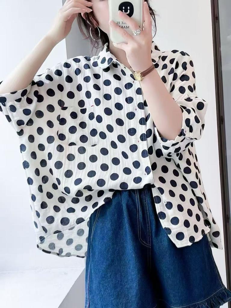 1116 summer new women's lapel Japanese polka dot top cardigan casual literary style ins short sleeves