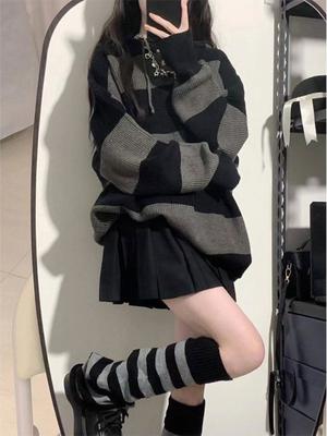 Винтажные полосатые свитера с капюшоном женские Harajuku готический вязаный джемпер ретро свободный повседневный пуловер больших размеров топы в стиле гранж