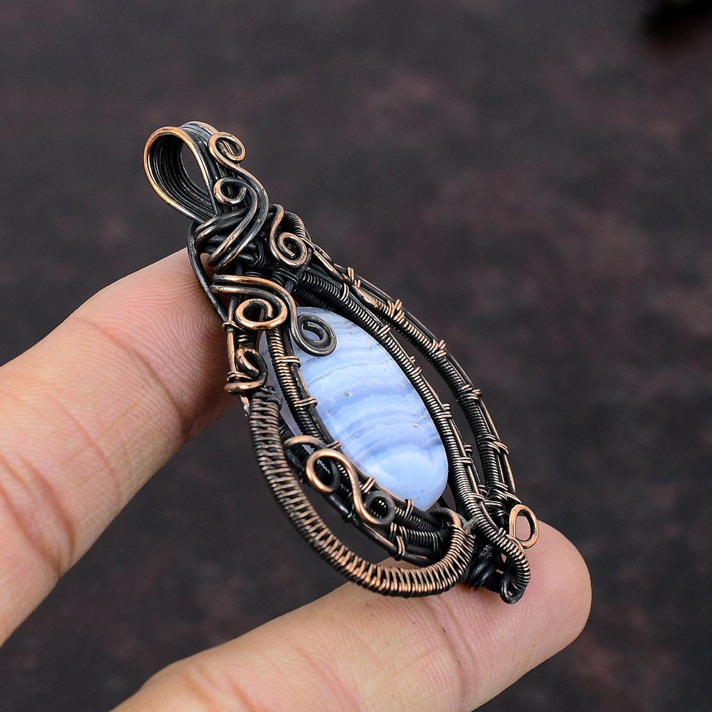 Кулон из синего кружева с агатом, кулон, обернутый медной проволокой, медные украшения ручной работы, очень красивый кулон с драгоценным камнем, подвеска из проволочной обертки для подарка