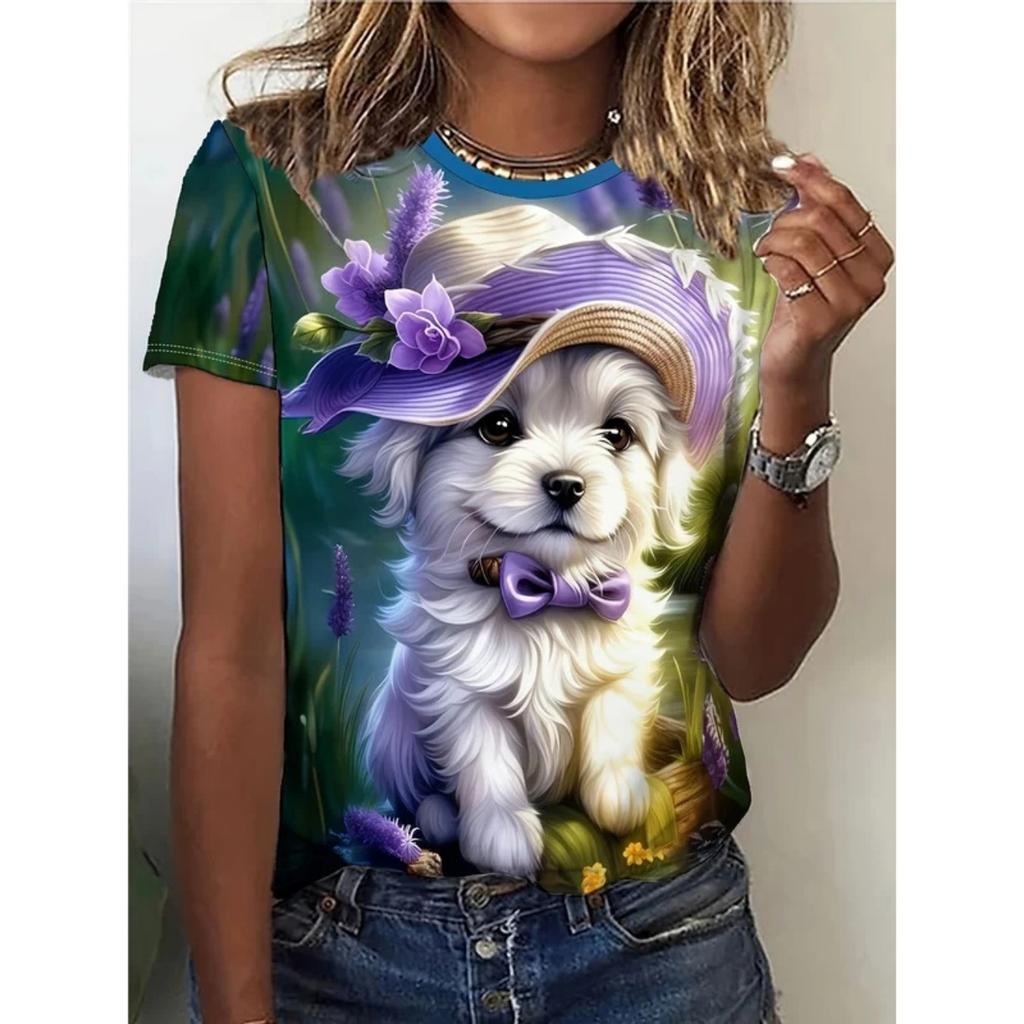 2025 Summer New Women's 3D Digital Printed T-shirt Creative Animal Pattern Round Neck Casual Short Sleeve Loose Fashion Top