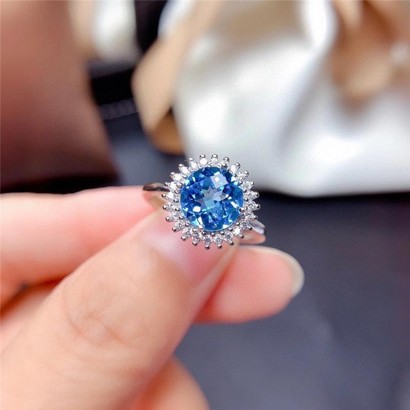 BELLA BOX Fireworks Cutting High-end Internet Celebrity Live Streaming New Product Simulation Sea Blue Topaz Opening Ring Female Pendant Necklace