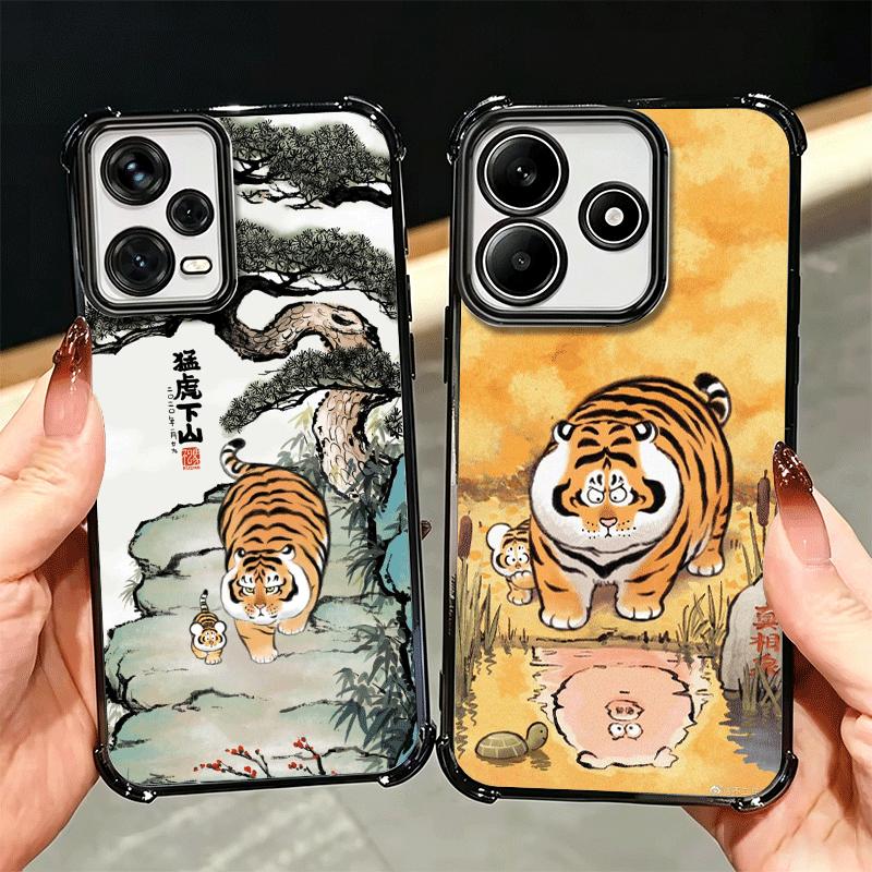Мультяшный Толстый Тигр Смешной Покрытие Чехол Для Телефона Для Xiaomi Redmi Note 14 15 Pro Plus 13 12 11 11S 11T 10 9S 9 5G Противоударный Подушка Безопасности Co