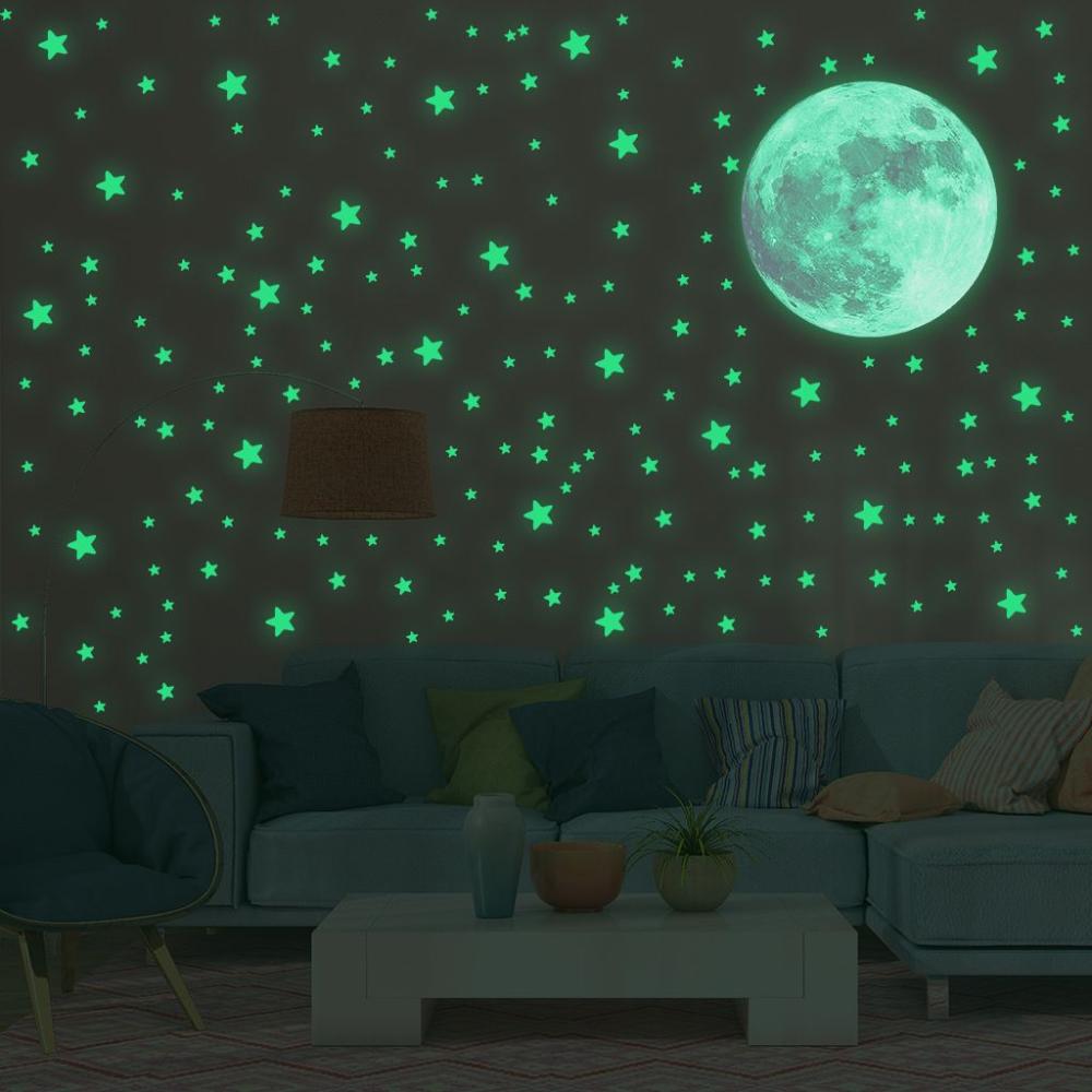Decoration Kids Bedroom Fluorescent Full Luna Luminous Decals Glow In Dark Moon Stars Wall Stickers