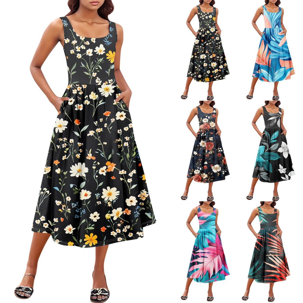 Women's Summer Spring Casual Floral Sundress Sleeveless Beach Vacation Flowy Boho Tank Midi Dresses