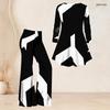 Women Plus Size Black White Geometric Printed V Neck Long Sleeve Flared Top And Flared Pants Two Piece Set