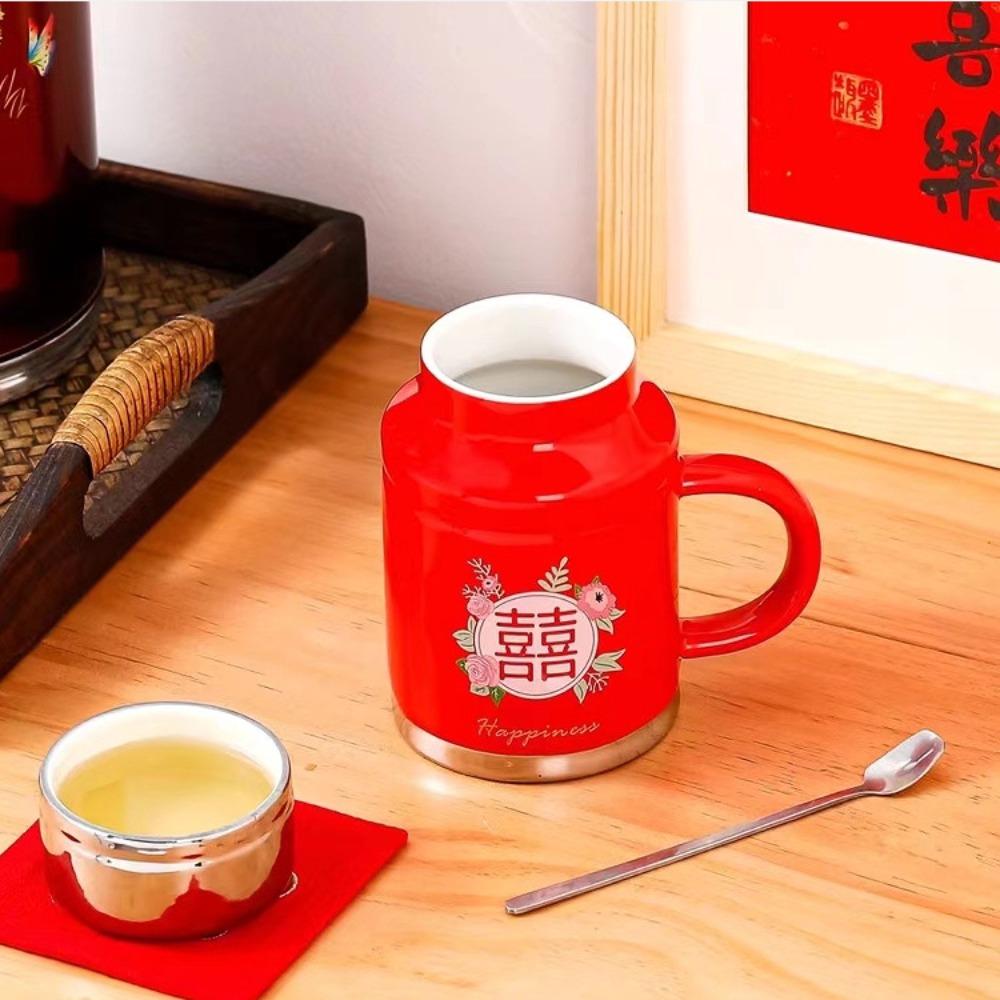 Vintage Double Happiness Kettle Mug with Lid Spoon Girls Ceramic Mug with Gift Box Packed Red Red Gift Box