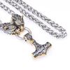 Viking Stainless Steel Thor 'S Hammer Pendant Necklace Domineering Golden Wolf Head Men 'S Necklace 