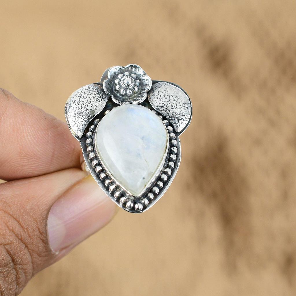 Распродажа ко Дню матери Кольцо-обещание с камнем лунный камень-радуга в виде цветка Ювелирное изделие из серебра 925 пробы