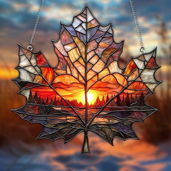 Maple Leaf Sun Catcher Sunset Hanging Decoration Stained Glass Style