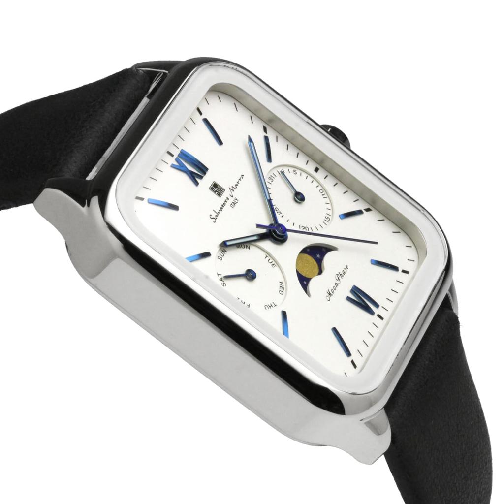 Moon Phase Square Square Multi Calendar Daily Waterproof Business Formal Leather Belt Limited Model Silver White [Salvatore Mara] Men's SM24112-SSWHLE