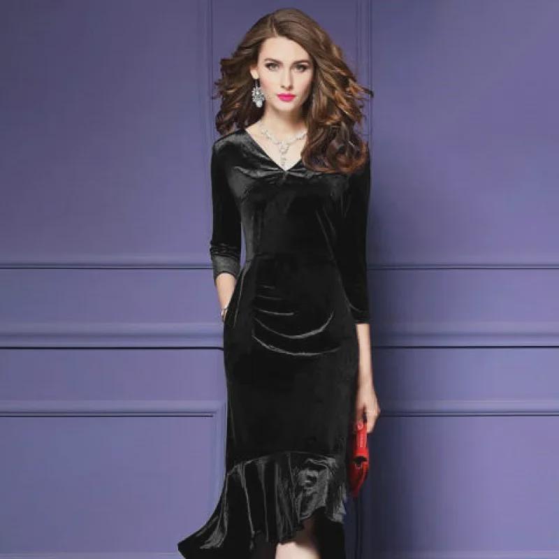 2022 Autumn/Winter Women's Gold Velvet V-Neck Slim Fishtail Dress