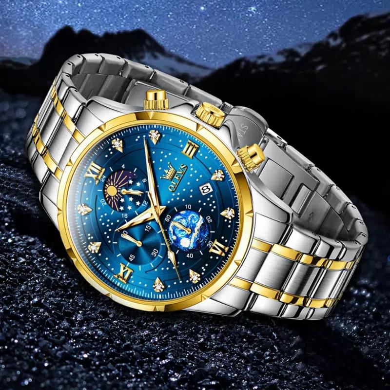 Men's Quartz Multifunctional Chronograph Watch Stainless Steel Waterproof Luminous Diamond Studded Starry Sky Watch