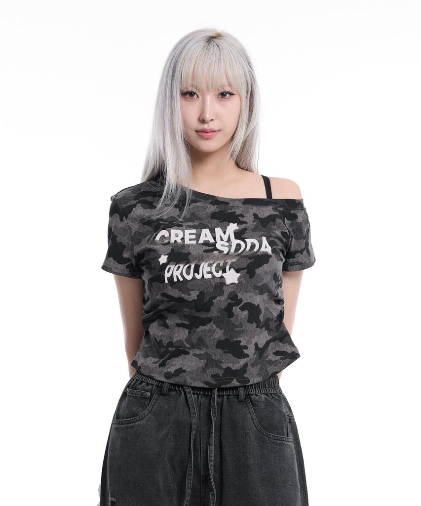 CREAM SODA LAB Camo Side Shirring One-Shoulder Crop Short Sleeve T-Shirt Gray