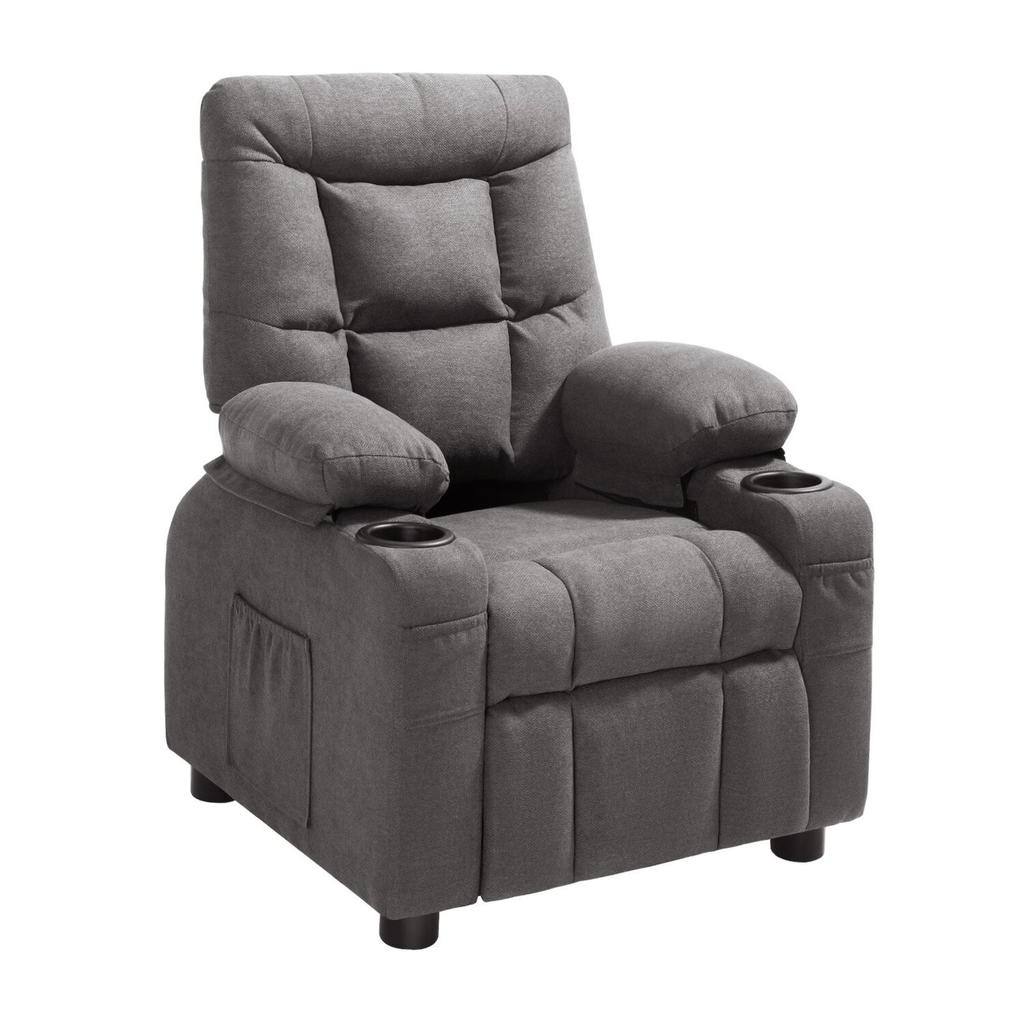 Kids Recliner Chair, Toddler Lounger with Cup Holders & Pockets, 107° to 126° Adjustable Back, Breathable Polyester Upholstery Reclining Sofa with