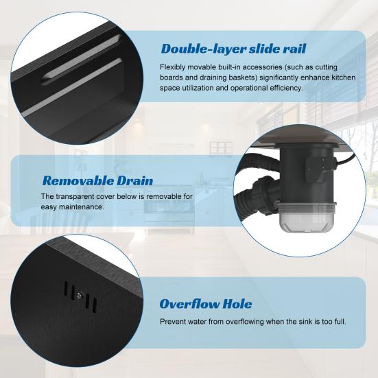 Drop in Single Bowl Bar Sink Black Waterfall Kitchen Sink, Stainless Steel with Cup Rinser, In/Undermount Farmhouse Workstation Multiple Accessories