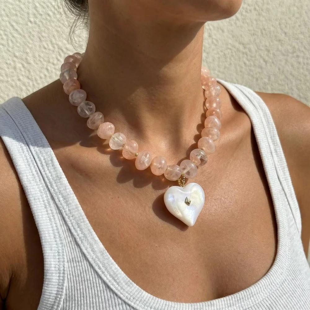 Colorful Beads Chunky Beads Necklace Heart-shaped Collarbone Chain Pendant Necklace Jewelry Gifts