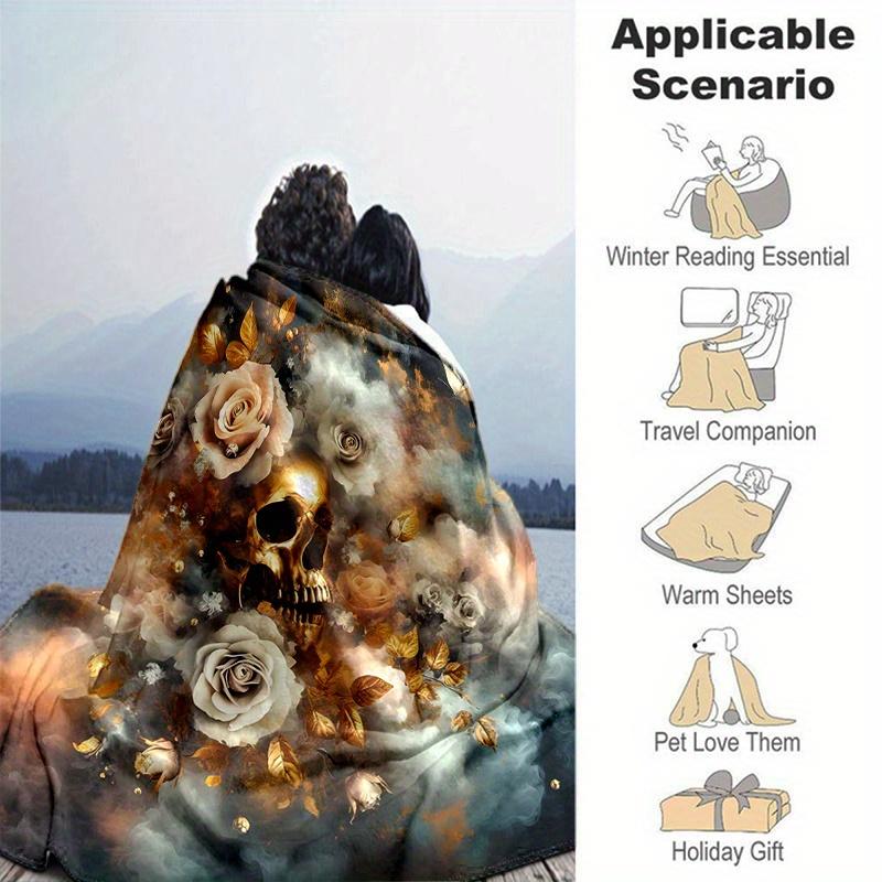 1pc Golden Skull amidst Roses Blanket,Living Room, Travel, Camping, Car Blankets