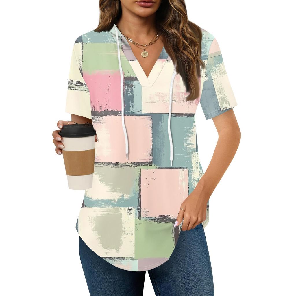 Женские летние футболки с V-образным вырезом, толстовки с коротким рукавом, туники, повседневные свободные туники, толстовки