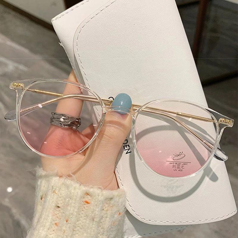 Anti-Blue Light Plain Glasses Ultra-Light Blush Cold Brown Color Korean Anti Radiation Eyeglasses Round Metal Frame