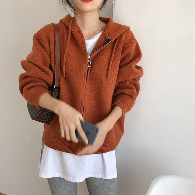 Harajuku однотонный вязаный кардиган женский корейский вариант свитер на молнии с капюшоном ленивый ветер свободные универсальные укороченные топы пальто