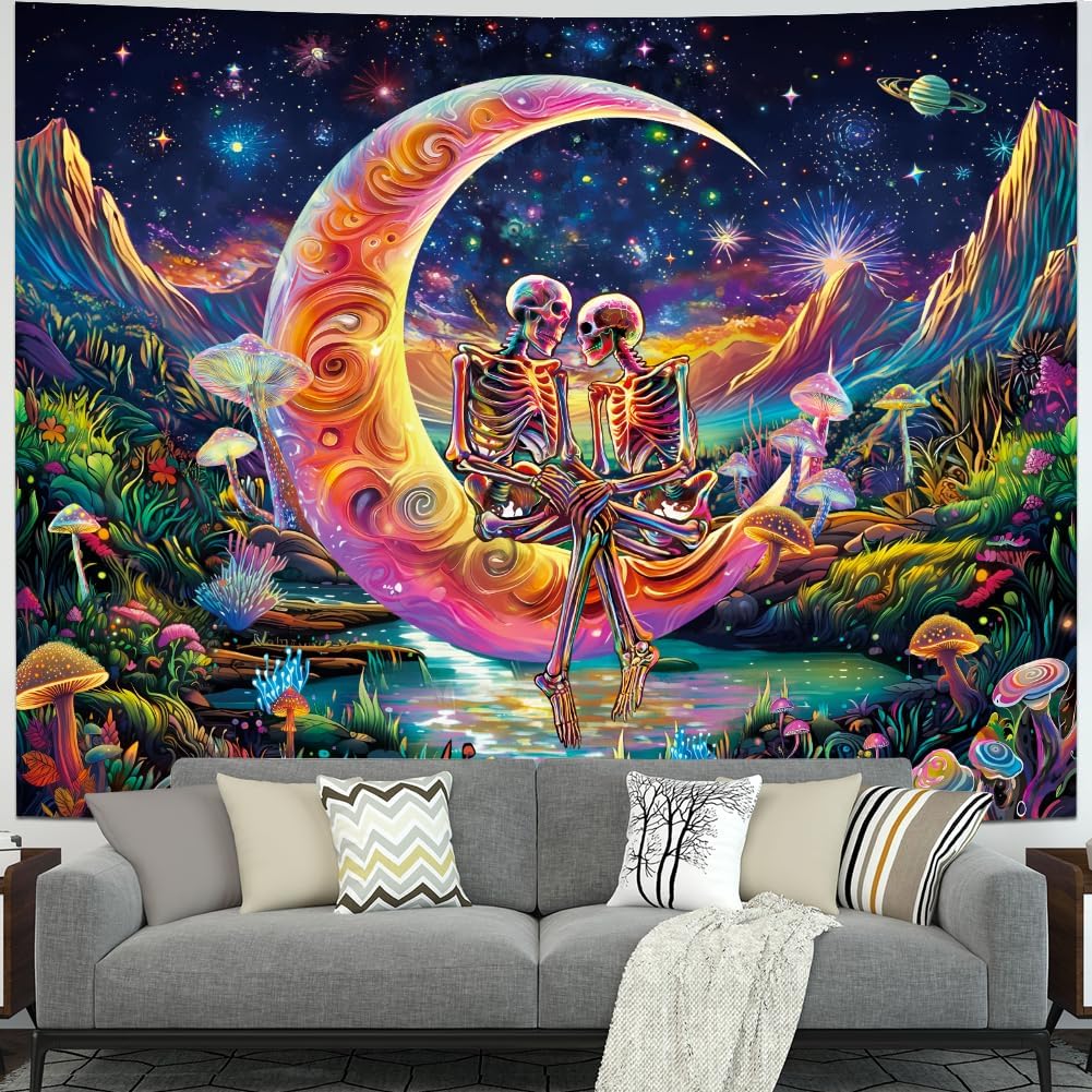Huzuya Blacklight Skull Tapestry UV Reactive Galaxy Space Tapestries Psychedelic Moon Wall Tapestries Skeleton Lovers Wall Hanging for Bedroom Decor