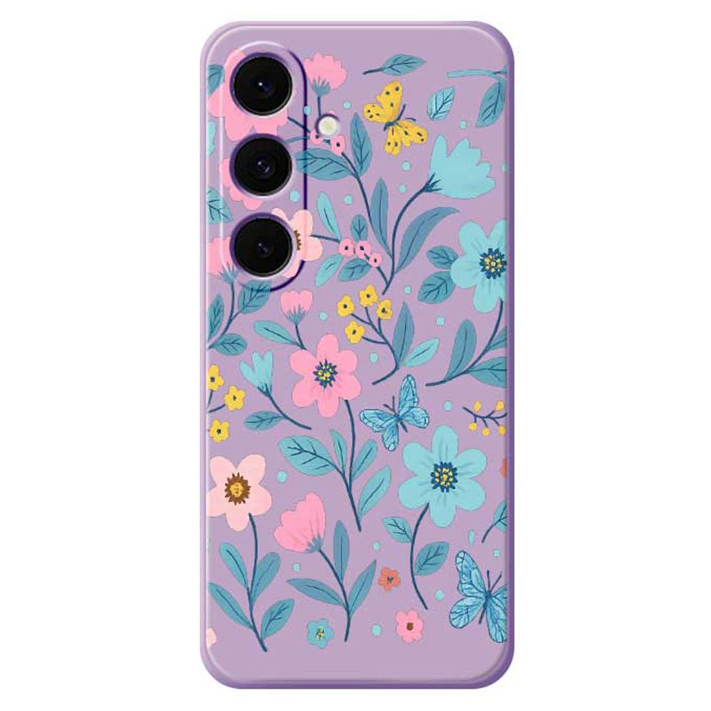 For Samsung Galaxy S25 FE Case Blue Pink Flowers Pattern Printing Straight Edge TPU Phone Back Cover
