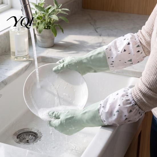 Rubber Dishwashing Gloves with Fleece Lining Long Sleeves Gloves, Thick Non-Slip Silicone Cleaning Wear Resistant Dish Velvet Reusable Waterproof